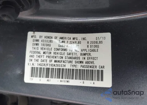 2013 Honda Accord Lx из США, поврежденный, VIN 1HGCR2F39DA265534